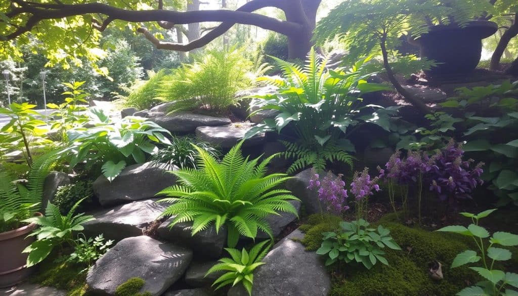 Shade-tolerant plants in a garden