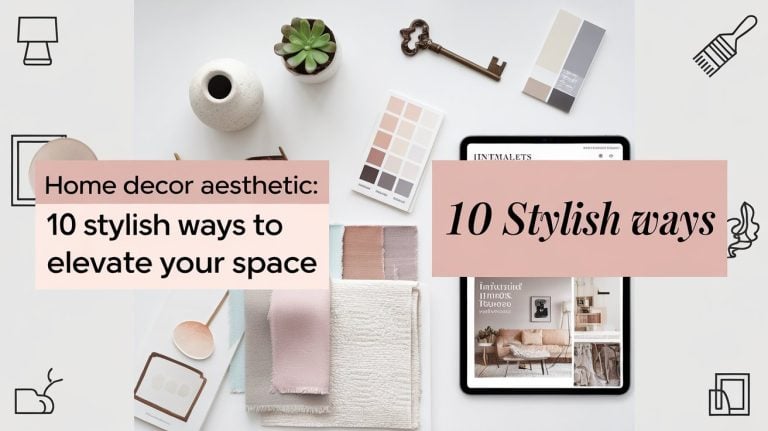 Flat lay of home decor items: fabric swatches, a succulent, a key, and a tablet displaying a room interior. Text reads Home decor aesthetic: 10 stylish ways to elevate your space and 10 Stylish ways.