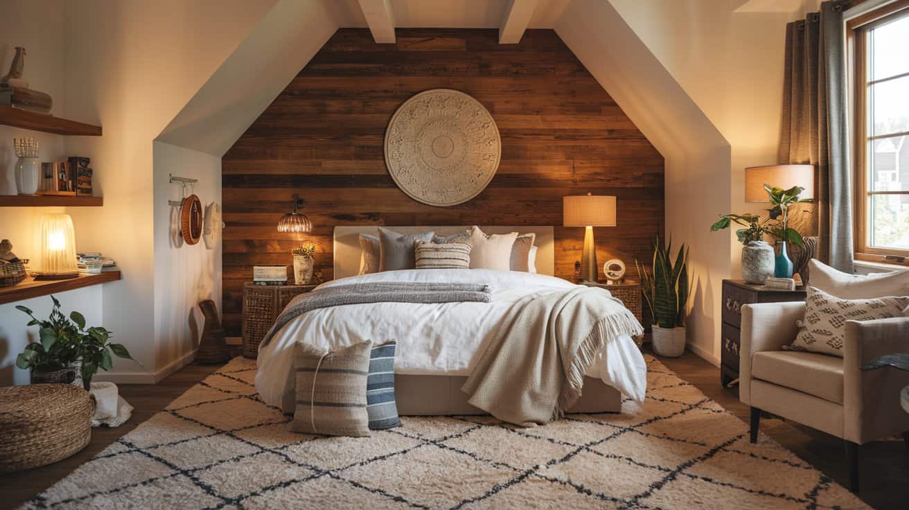 Cozy attic bedroom with wooden accent wall and round decorative piece above the bed. The bed has white and beige linens, surrounded by lamps and plants. A beige armchair and a patterned rug enhance the warm, inviting atmosphere.
