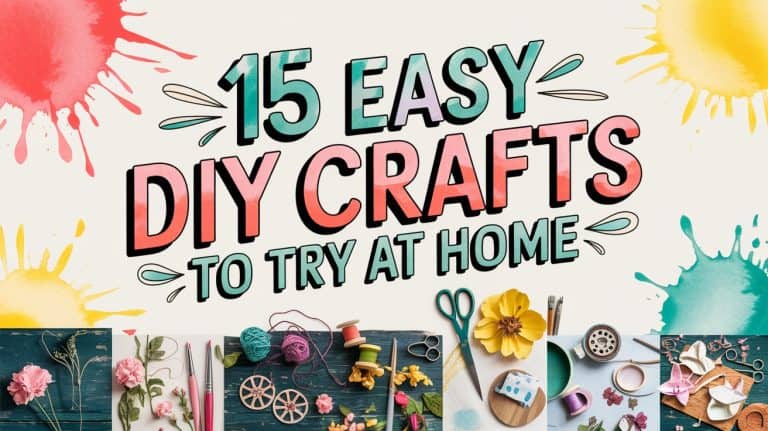 Colorful text reads 15 Easy DIY Crafts to Try at Home on a splattered paint background. Below are various crafting supplies like flowers, yarn, scissors, paper, and buttons arranged neatly.