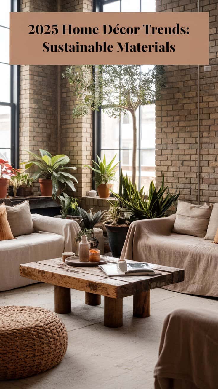 A cozy living room with large windows, featuring beige sofas, a rustic wooden coffee table, and various indoor plants. A jute pouf sits on a neutral rug. Text at the top reads, 2025 Home Décor Trends: Sustainable Materials.