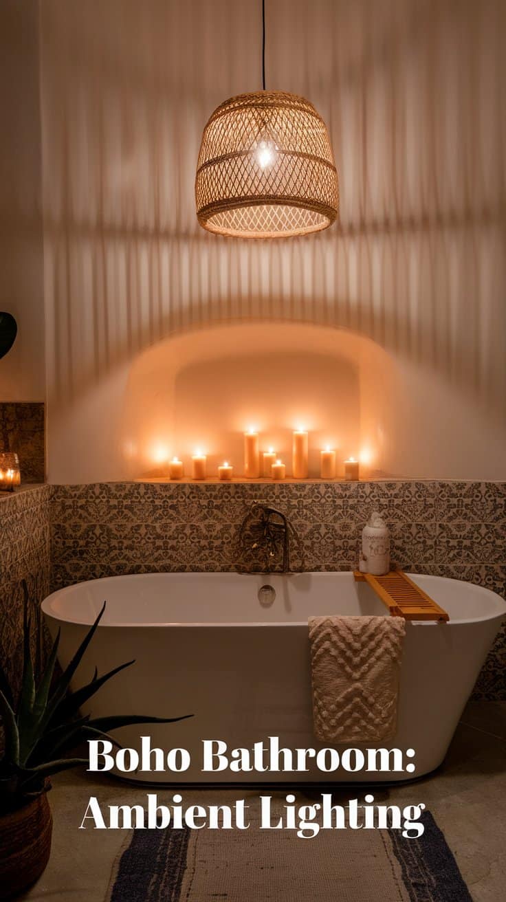 A cozy bathroom with a freestanding tub surrounded by lit candles on a tiled wall. A woven pendant light hangs above, casting warm shadows. A wooden tray and textured towel adorn the tub. 
