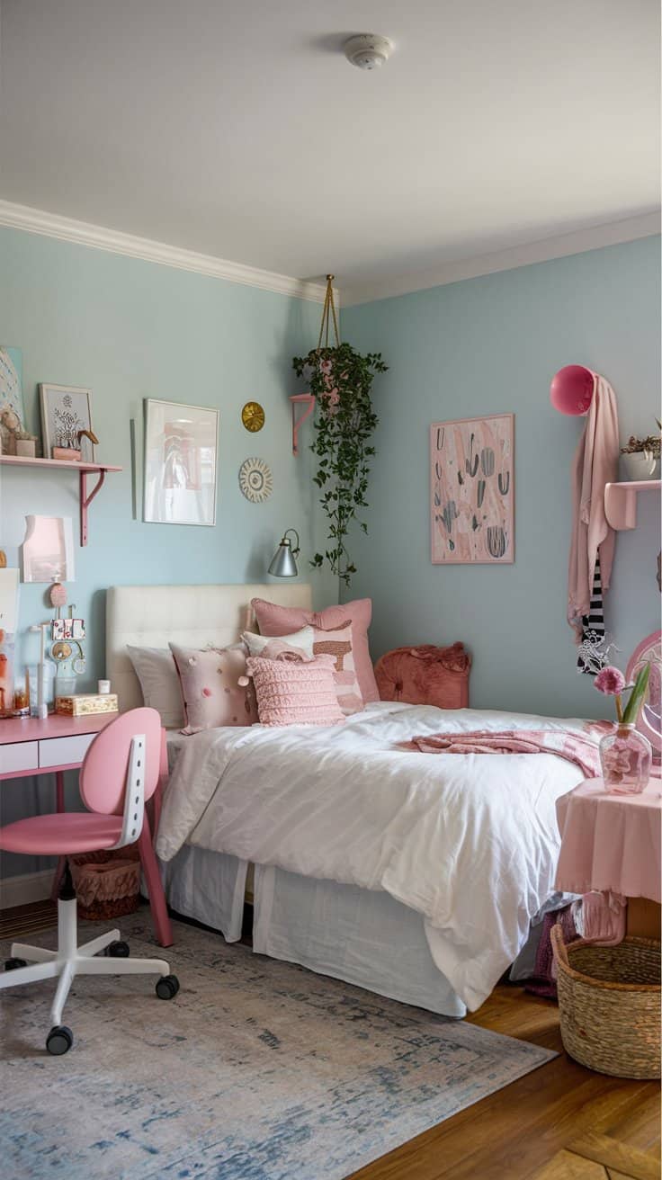 A cozy bedroom with pastel pink and blue decor features a bed with white and pink bedding, a desk with a pink chair, and various wall art. A plant hangs above the bed, and a rug covers part of the wooden floor.