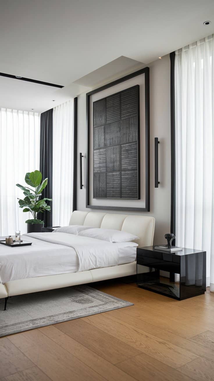 A modern bedroom with a white bed, large black wall art above, and a black bedside table. A potted plant sits by the window with sheer white curtains, and the room features wooden flooring and minimalist decor.