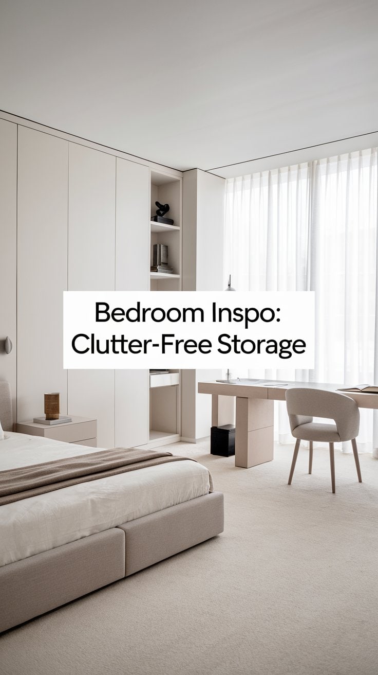 Minimalist bedroom featuring a beige bed, sleek built-in storage, a modern desk with a chair, and sheer curtains allowing soft light. Text in the center reads, Bedroom Inspo: Clutter-Free Storage.