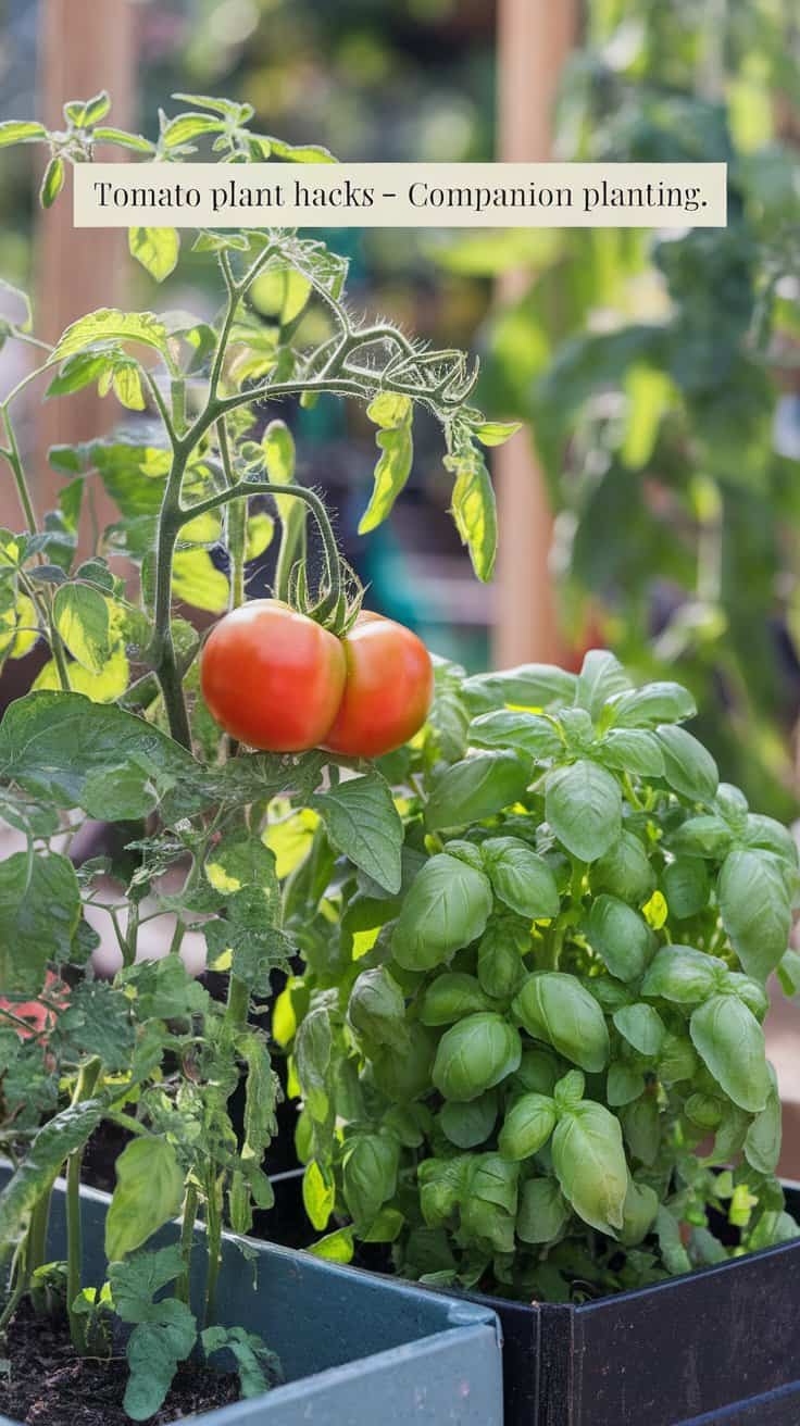 Tomato plant and basil growing together in a garden setting, illustrating companion planting. Text overlay reads, Tomato plant hacks – Companion planting.