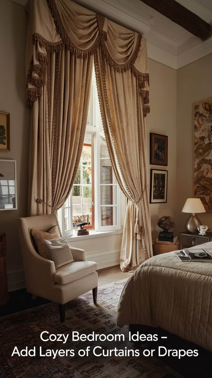 A cozy bedroom with a large window adorned with luxurious layered curtains. An armchair with pillows sits nearby, and a bed with a patterned area rug is visible. Warm lighting and framed artwork enhance the inviting atmosphere.