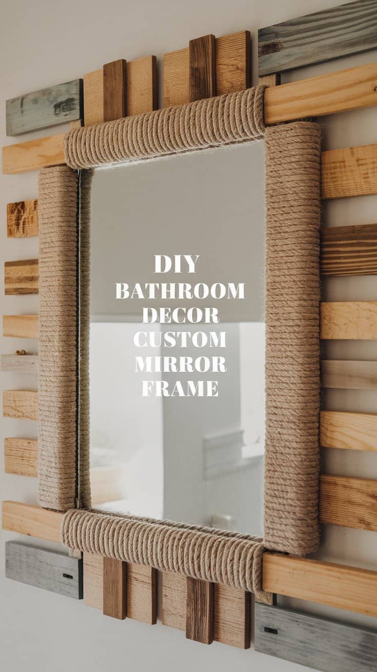 A rectangular mirror with a custom frame made of alternating wooden slats and wrapped rope is mounted on a wall. Text on the mirror reads, DIY Bathroom Decor Custom Mirror Frame.