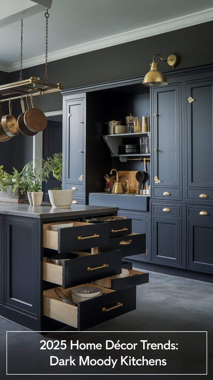 A kitchen with dark moody cabinetry and brass fixtures. The island has open drawers and potted plants on top. Hanging pots and a wall-mounted light fixture add to the elegant design. Text reads, 2025 Home Décor Trends: Dark Moody Kitchens.
