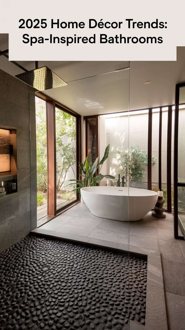 A modern bathroom features a freestanding white tub, large glass windows, and lush plants, creating a spa-like ambiance. Dark pebbled flooring contrasts with stone tiles. Text reads, 2025 Home Décor Trends: Spa-Inspired Bathrooms.