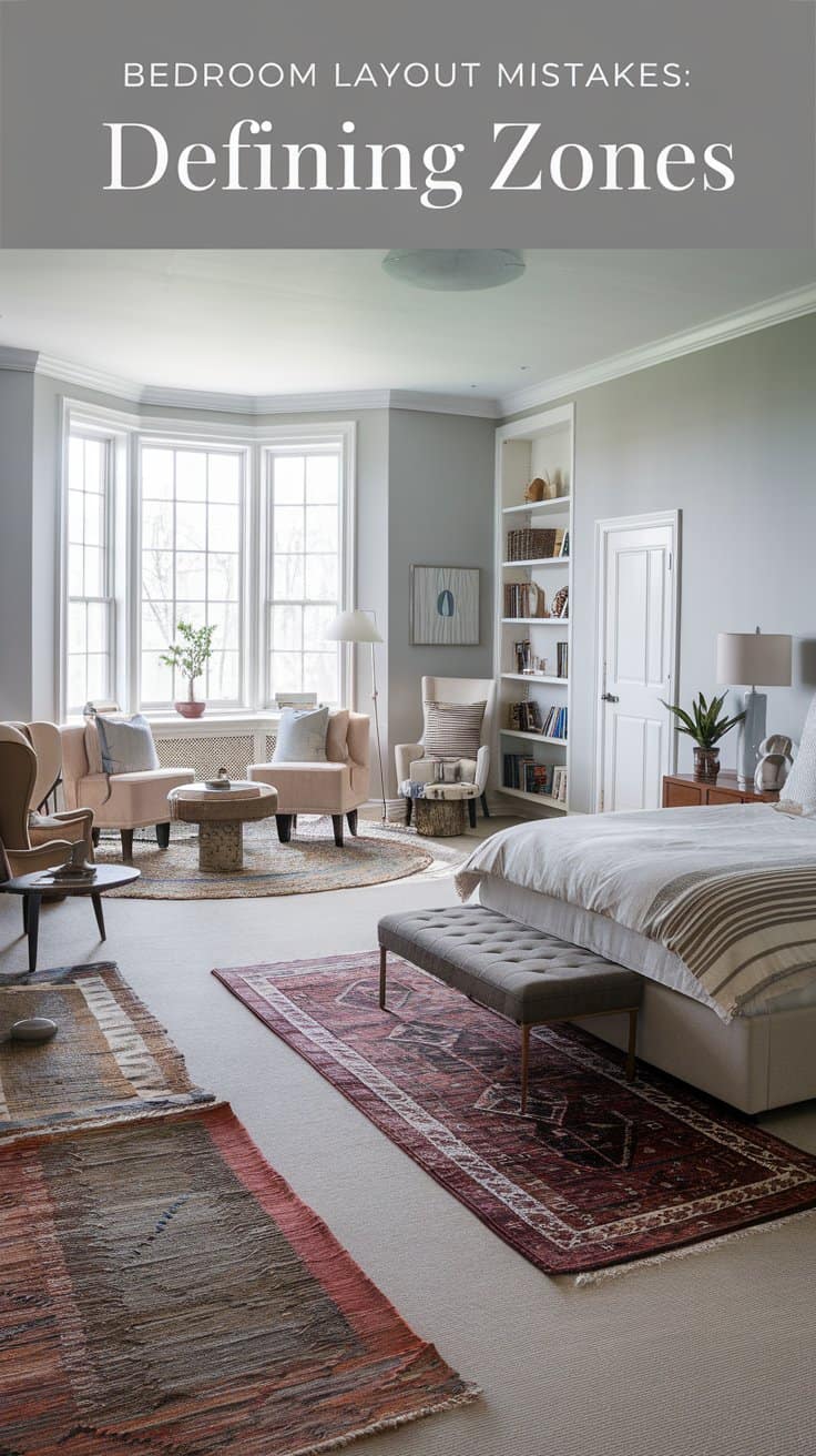 A spacious bedroom with large windows and ample natural light. It features a bed, two armchairs, a round table, and a bookshelf. Rugs are placed on the floor, and artwork adorns the walls. The text reads, Bedroom Layout Mistakes: Defining Zones.