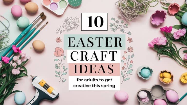 A flat lay of Easter craft supplies including pastel paints, brushes, eggs, flowers, and a glue gun. Central text reads 10 Easter Craft Ideas for adults to get creative this spring with floral illustrations.