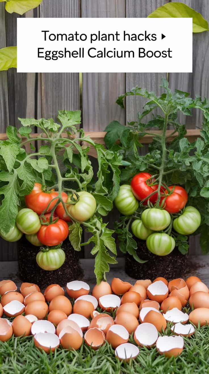 Two tomato plants with ripe red and green tomatoes are in front of a wooden fence. Broken eggshells cover the ground beneath them. A text overlay reads, Tomato plant hacks ▸ Eggshell Calcium Boost.