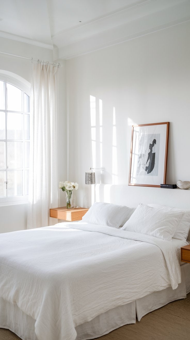 A serene bedroom with a neatly made double bed featuring white linens. A wooden nightstand holds a vase of white flowers. A large window lets in natural light, illuminating a minimalist black and white artwork above the bed.
