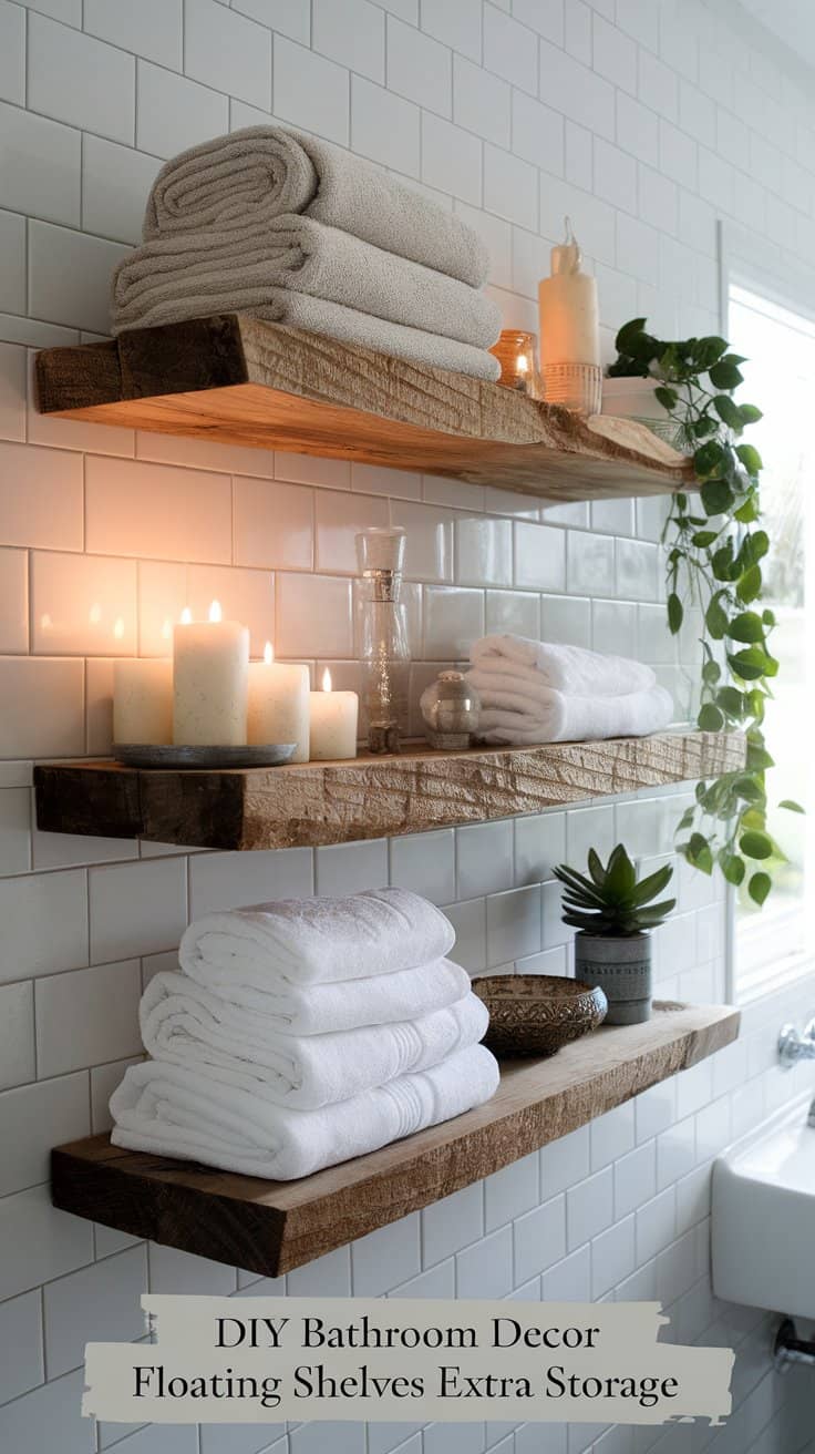 Three wooden floating shelves in a bathroom hold folded towels, lit candles, a small potted plant, and glass jars against a white tiled wall. A window with natural light is visible in the background.