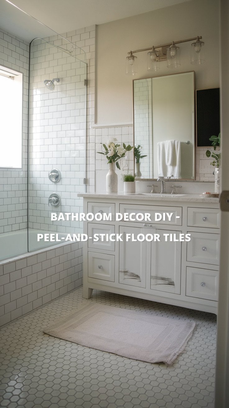 A modern bathroom with white subway tiles in the shower, a wooden vanity with a marble countertop and mirror, and a small rug on hexagonal tile flooring. Text reads Bathroom Decor DIY - Peel-and-Stick Floor Tiles.
