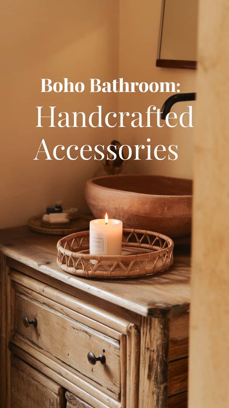A cozy bathroom with a rustic wooden cabinet. On top, theres a lit candle and a woven tray, beside a clay basin. Text reads, Boho Bathroom: Handcrafted Accessories. The atmosphere is warm and inviting.