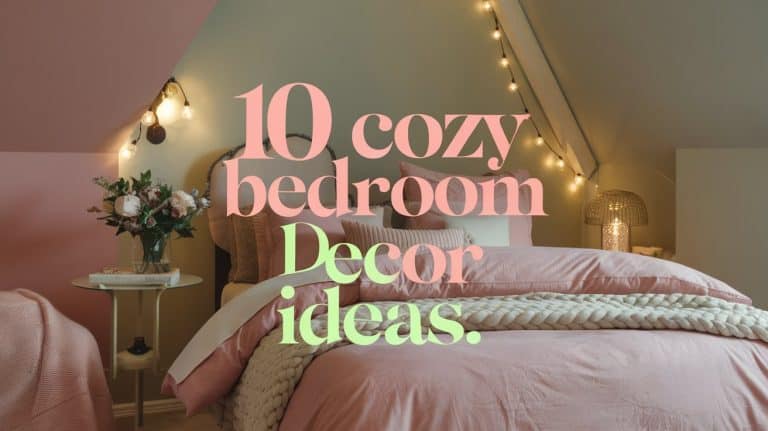 A cozy bedroom with pink bedding, soft lighting, and decorative string lights. A vase with flowers sits on a bedside table next to a lamp. Text overlays read 10 cozy bedroom decor ideas.
