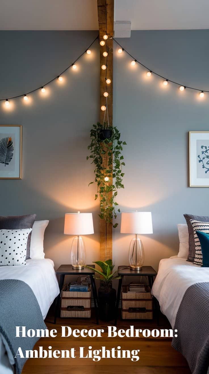 A cozy bedroom with two twin beds, string lights draped from a beam, and a potted plant hanging from the center. Two lamps on nightstands add warmth. Walls are decorated with framed art. Text reads Home Decor Bedroom: Ambient Lighting.