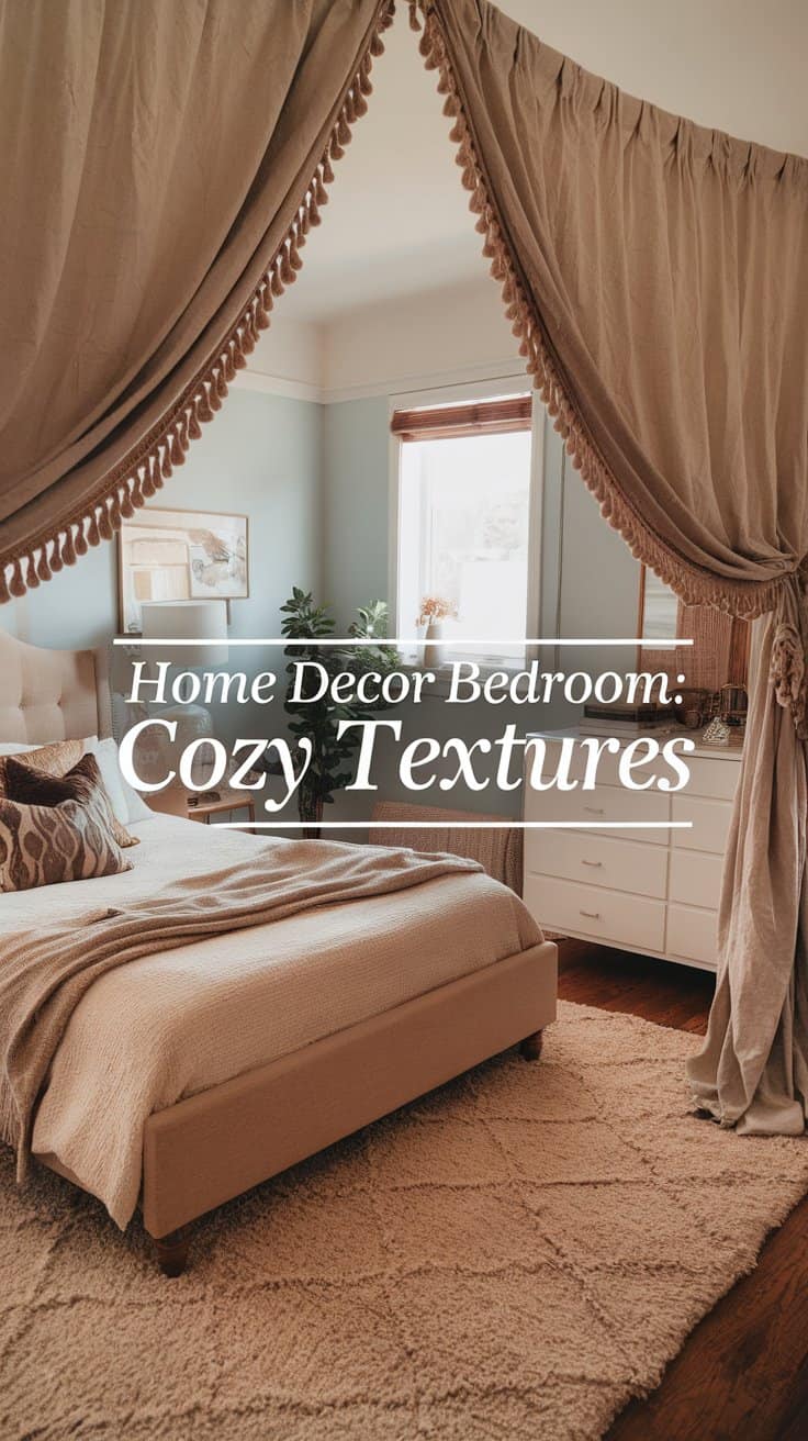 A cozy bedroom with a neutral color palette features a bed with a tufted headboard, layered blankets, and plush pillows. Large curtains with tassels drape elegantly above the bed. A textured rug covers the wooden floor, adding warmth.
