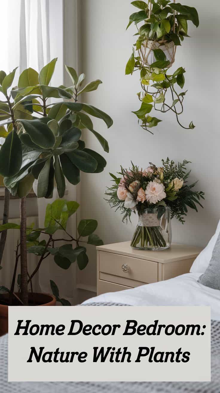 A bedroom corner with a white nightstand holding a vase of flowers. A large leafy plant stands beside it, and a hanging plant is above. A bed with white linens is partially visible. Text reads, Home Decor Bedroom: Nature With Plants.