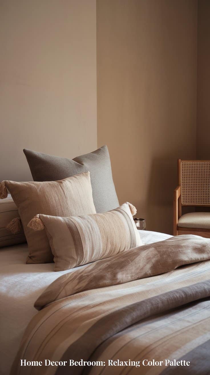 A cozy bedroom with a neutral color scheme. The bed is adorned with taupe and beige pillows and a matching blanket. A wooden chair with a woven back is partially visible in the background. Text on the bottom reads Home Decor Bedroom: Relaxing Color Palette.