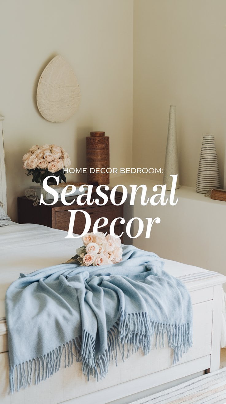 A cozy bedroom features a bed with a light blue throw and a bouquet of pink roses on it. A vase of roses, decorative vases, and wooden objects adorn a dark wooden nightstand. Soft lighting enhances the serene atmosphere with text overlay about seasonal decor.