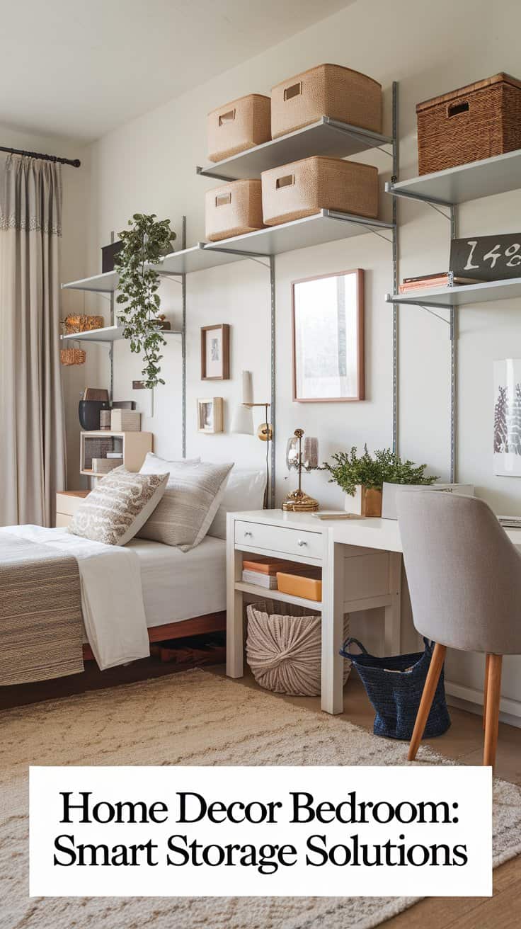 A stylish bedroom features a single bed with a white and beige color scheme. Shelves above the bed hold baskets and plants. A desk with a chair and decor items is beneath. The room has a rug and curtains creating a cozy atmosphere. Text reads: Home Decor Bedroom: Smart Storage Solutions.