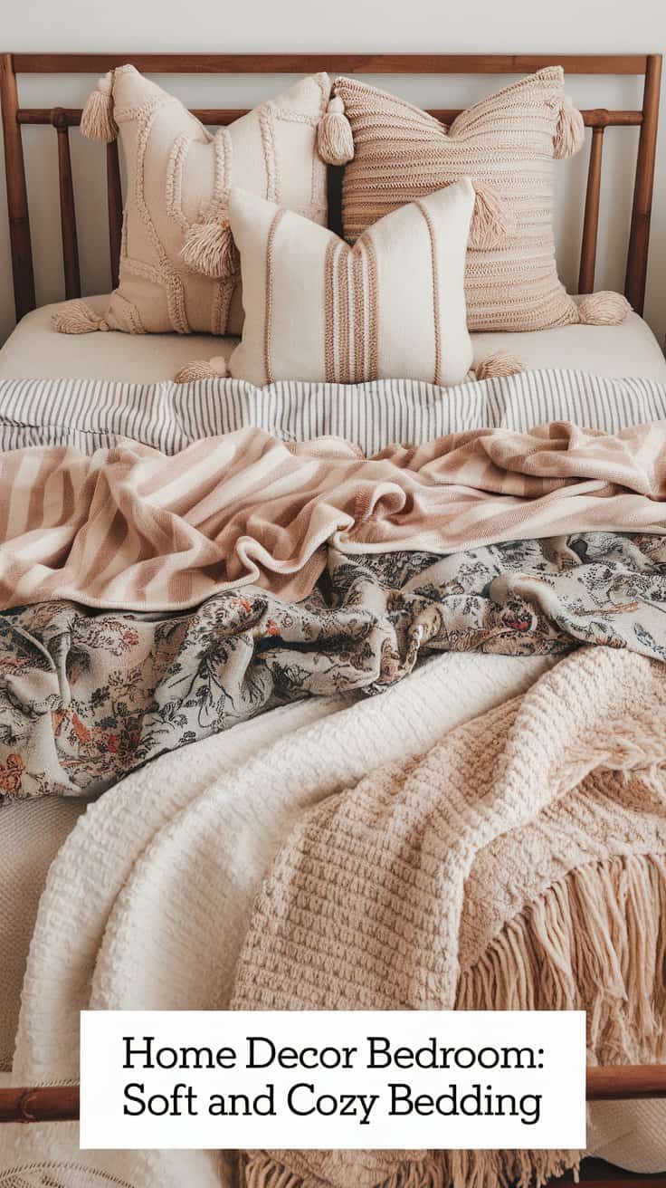 A bed with pillows and blankets in various soft, neutral tones, including pink, cream, and beige. The bedding features different textures and patterns, such as stripes and floral designs. Decorative tassels adorn the pillows.