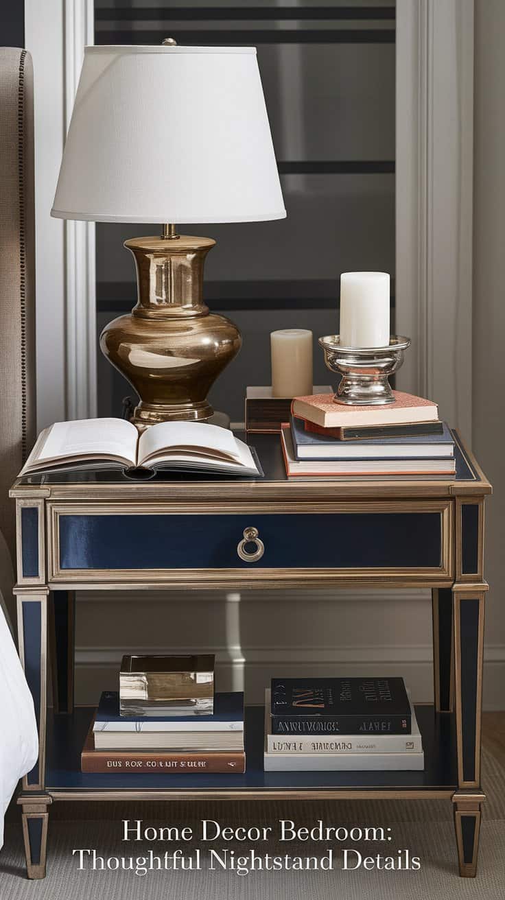 A sophisticated nightstand with a gold lamp, open book, candle, and a stack of books. The nightstand is black with gold accents, featuring a drawer and lower shelf. Text reads Home Decor Bedroom: Thoughtful Nightstand Details.