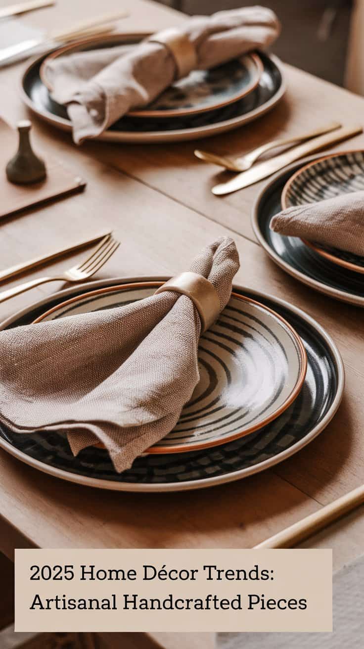 A wooden table set for dining with black and white patterned plates, beige napkins rolled in gold rings, and minimalist cutlery. A small decorative item is in the background. Text reads, 2025 Home Décor Trends: Artisanal Handcrafted Pieces.