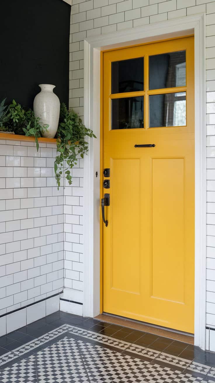 A vibrant yellow door with four glass panes is surrounded by white subway tiles. A black handle and lock are on the right. To the left, a shelf holds a white vase and greenery. The floor features a black and white geometric tile pattern.