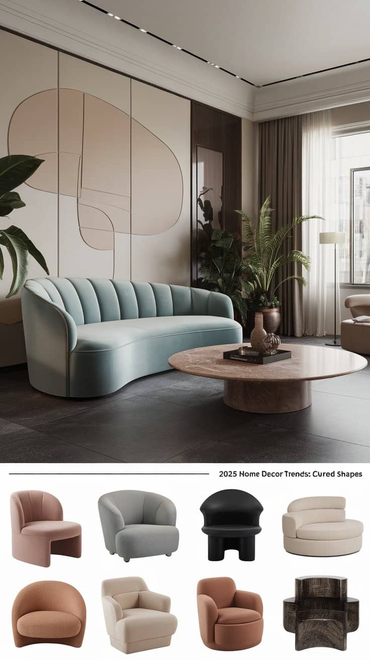 Modern living room with a curved, blue sofa and a round coffee table on a beige rug. Large abstract wall art and tall plants add to the decor. Below the room image, various curved armchairs in neutral tones are displayed against a white background.