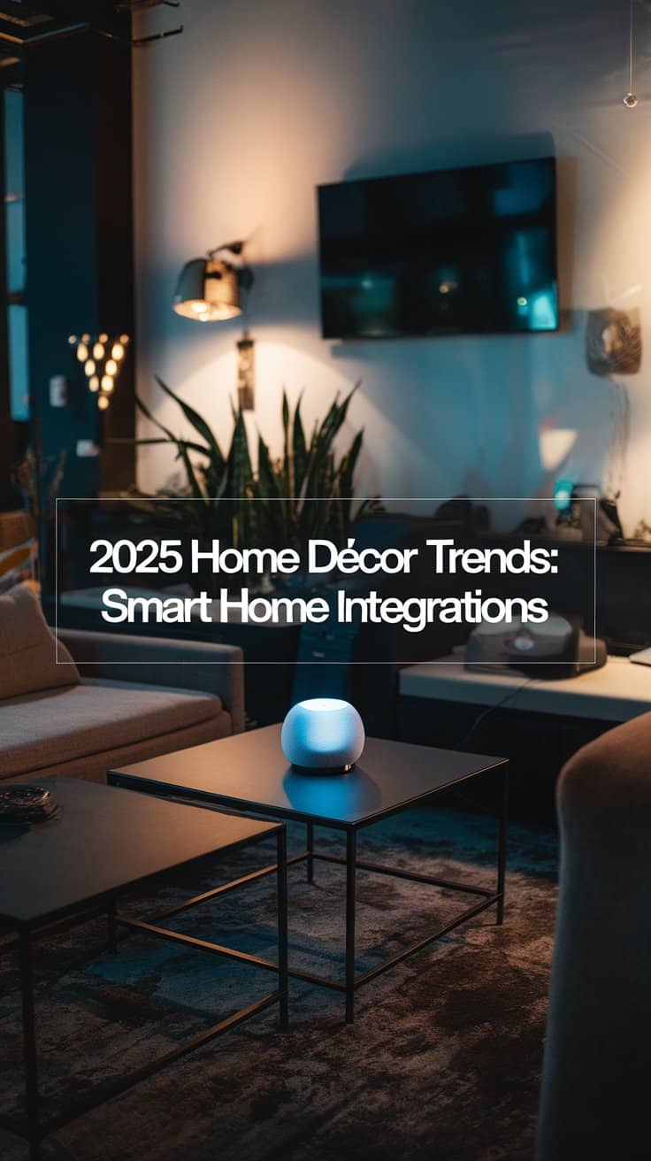 A modern living room with a smart device on a coffee table. The space features a large TV, plants, and cozy lighting. Text overlay reads, 2025 Home Décor Trends: Smart Home Integrations.