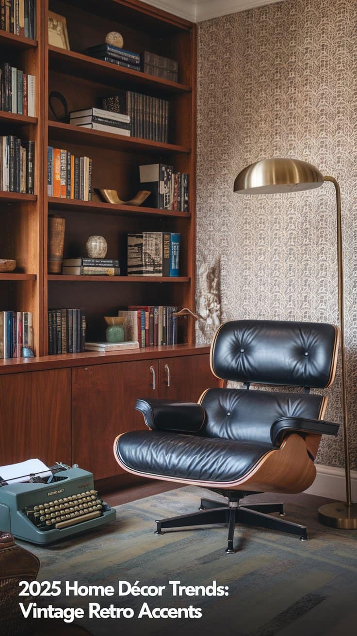 Cozy study with a mid-century modern chair, vintage typewriter, and tall brass floor lamp. Wooden bookshelves filled with books line the wall, and intricate wallpaper adds texture. Text reads, 2025 Home Décor Trends: Vintage Retro Accents.