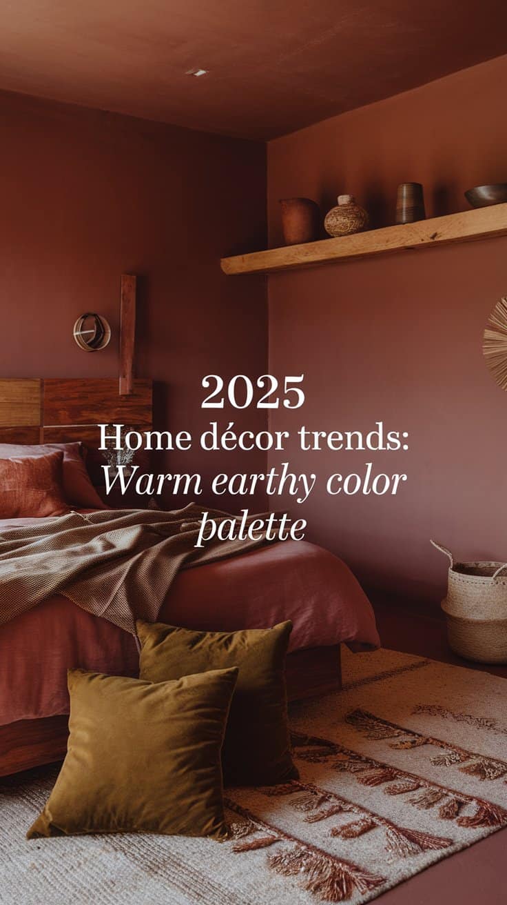 A cozy bedroom with warm earthy tones featuring a bed with brown and rust-colored bedding, two mustard pillows, and a rustic wooden shelf with decorative items against a clay-colored wall. Text reads 2025 Home décor trends: Warm earthy color palette.