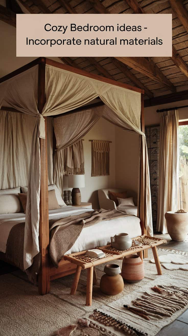 A cozy bedroom with a four-poster bed draped in light fabric. The room features natural materials, with a wooden bench, earthy pottery, and woven wall hangings. Large windows provide ample light, highlighting the rustic decor.