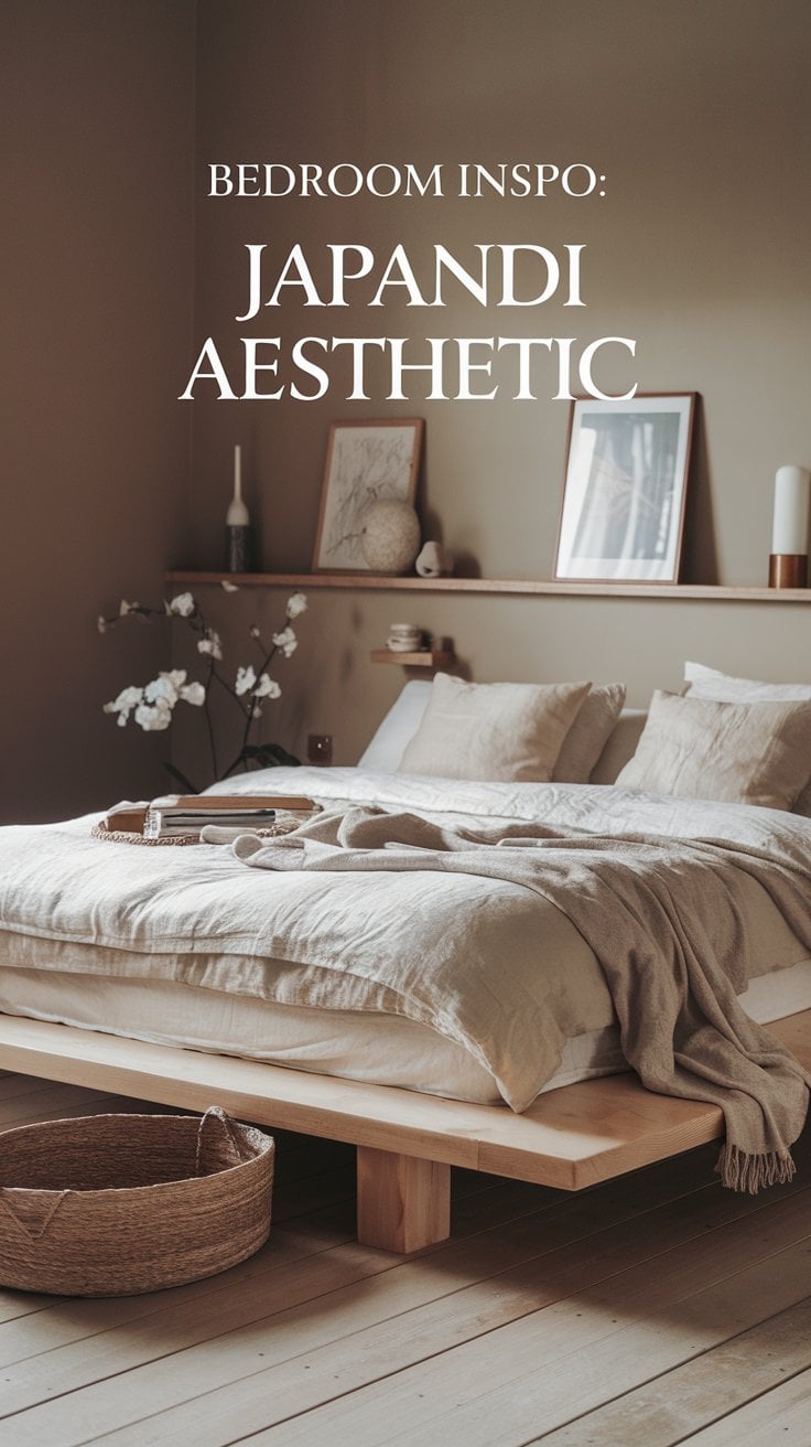 A bedroom showcasing a Japandi aesthetic with a minimalist wooden bed, neutral bedding, and decorative elements like a framed picture, candles, and a branch with white flowers. A woven basket sits on the wooden floor.