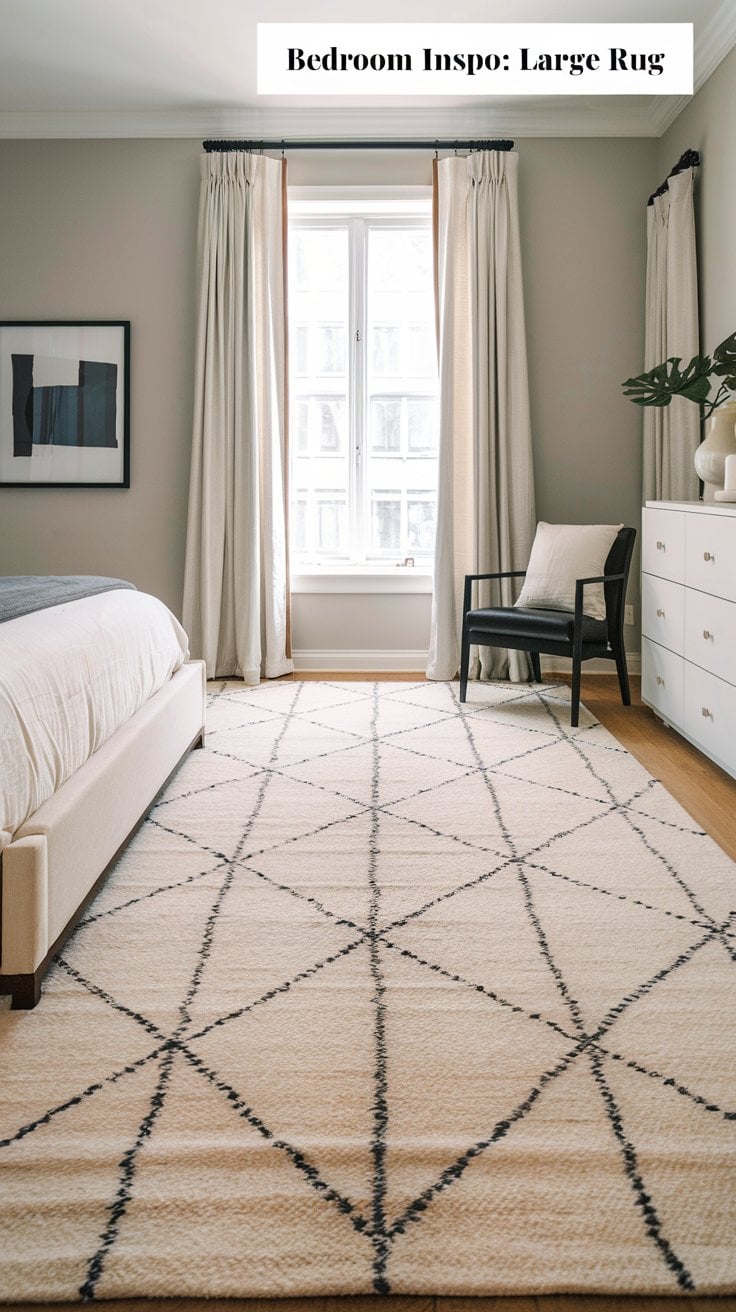 Minimalist bedroom with a large cream rug featuring a black geometric pattern. Theres a bed with a neutral duvet, a black chair with a white cushion, a framed abstract artwork on the wall, and a tall window with light curtains.
