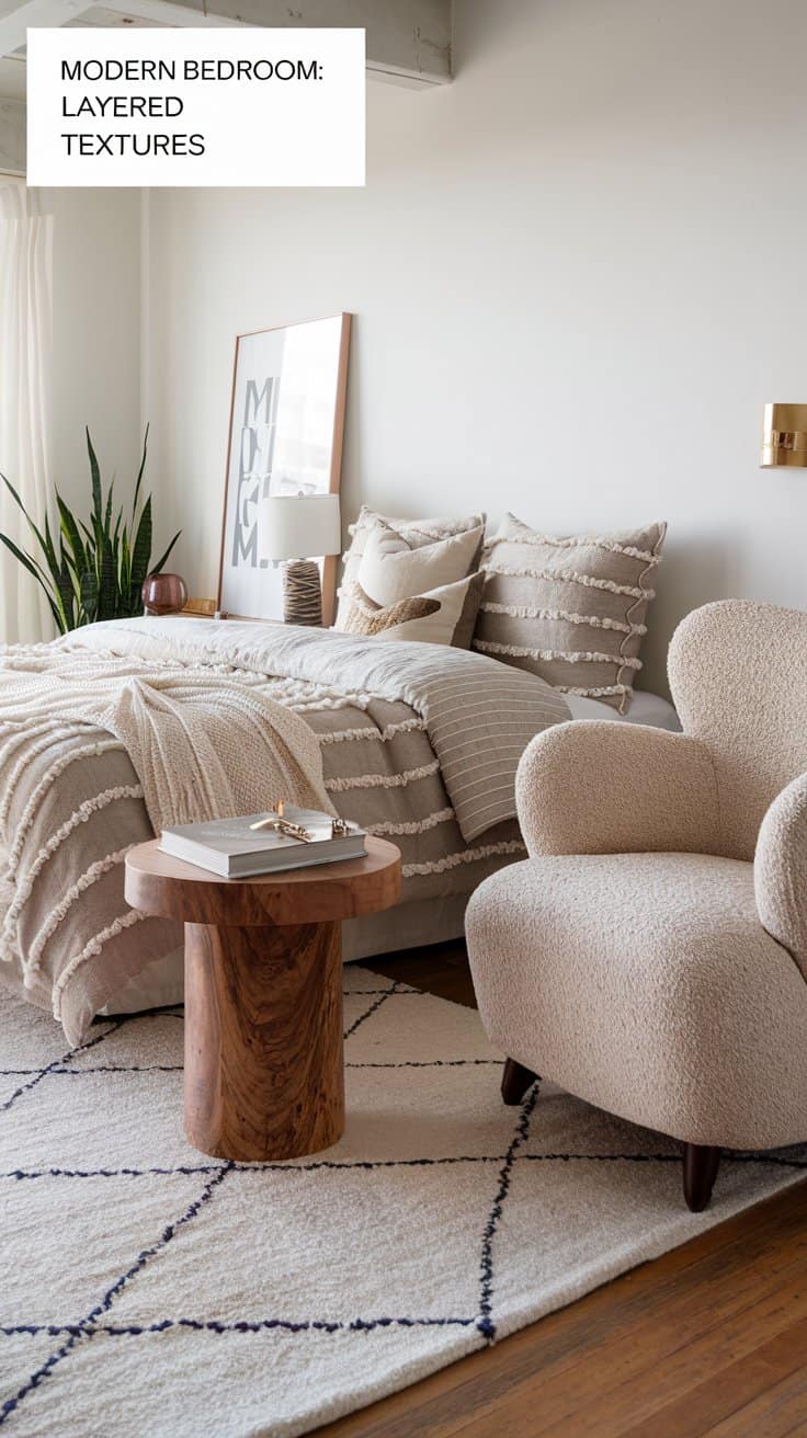 A modern bedroom features a textured bedspread, a cozy armchair, and a wooden side table with a book and candle. A potted plant and framed art add decor, with natural light streaming through sheer curtains onto a patterned rug.