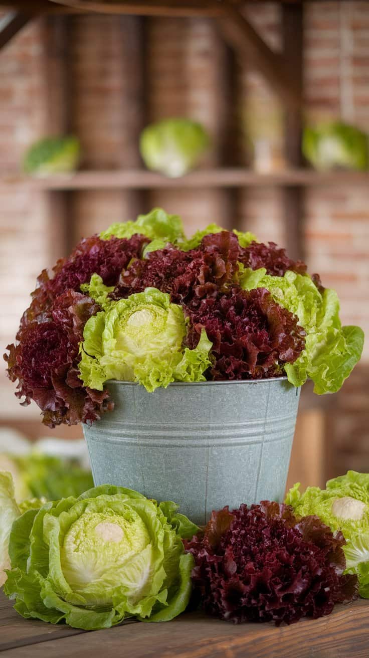 A metal bucket is filled with fresh red and green lettuce heads on a wooden table. More lettuce heads are scattered around and placed on shelves in the blurred background. The setting is rustic with a brick wall.