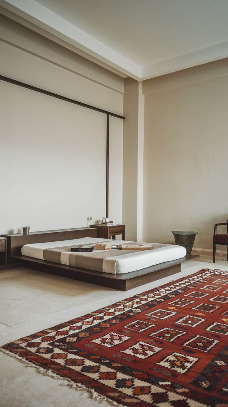 Minimalist bedroom with a low wooden platform bed, white and beige bedding, and a colorful patterned rug. A wooden chair is in the corner, and the walls are a light, neutral color, creating a serene atmosphere.