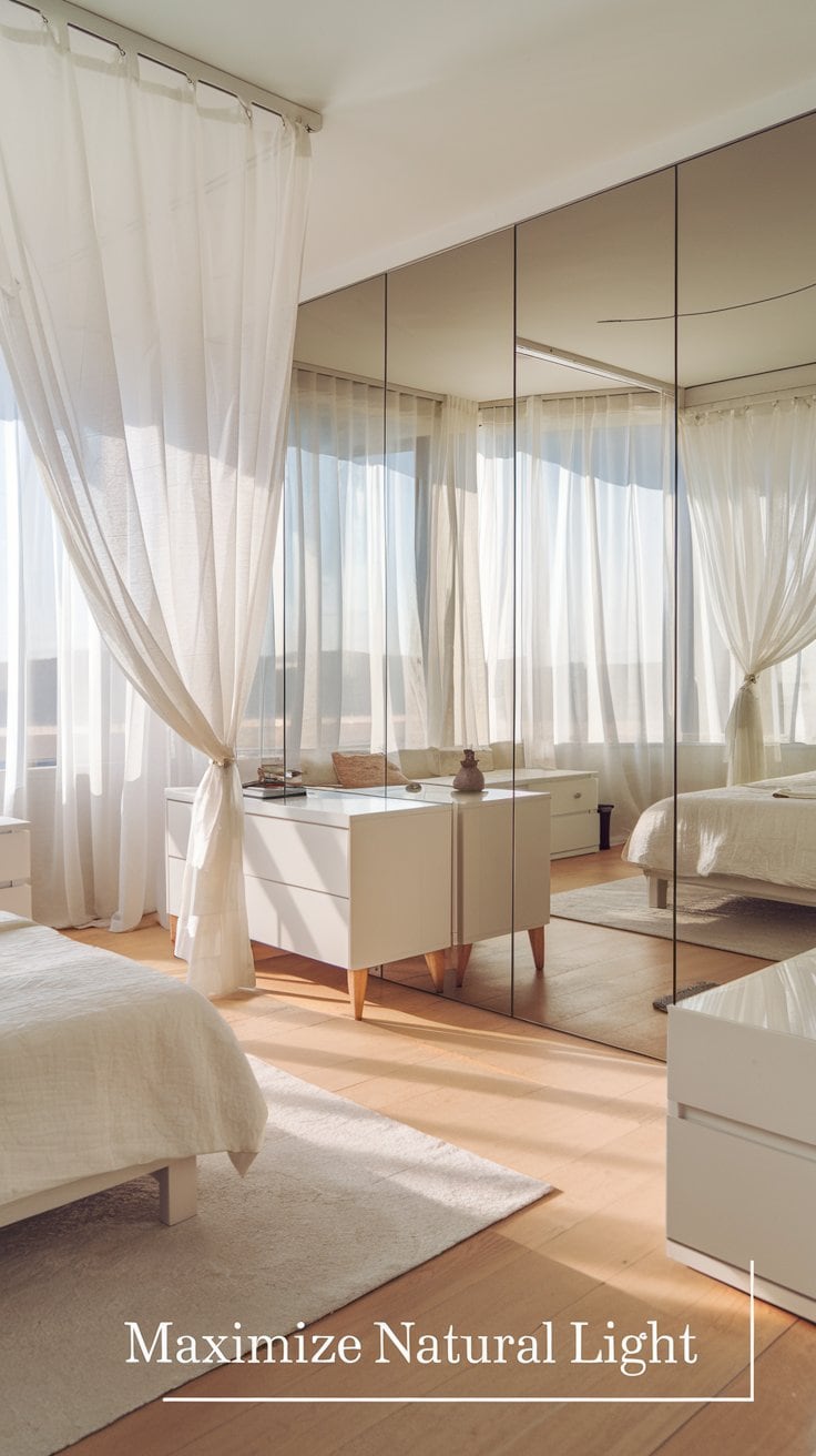 A serene bedroom with floor-to-ceiling windows covered by sheer white curtains, reflecting on mirrored closet doors. A white bed and dresser are bathed in natural light. Text at the bottom says, Maximize Natural Light.
