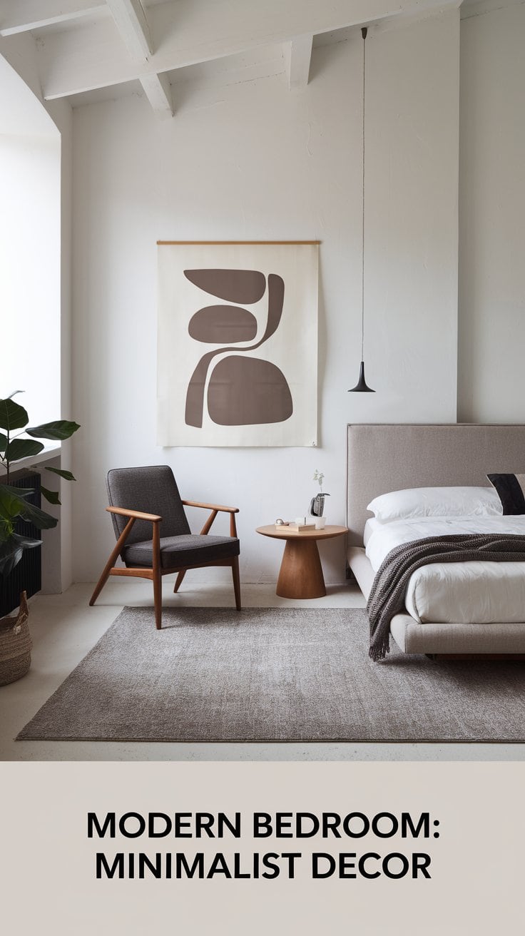 A minimalist bedroom features a neutral-toned bed, a wooden chair with dark upholstery, and a round wooden side table. An abstract art piece hangs on the wall, and a pendant light hangs from the ceiling. A gray rug covers the floor.