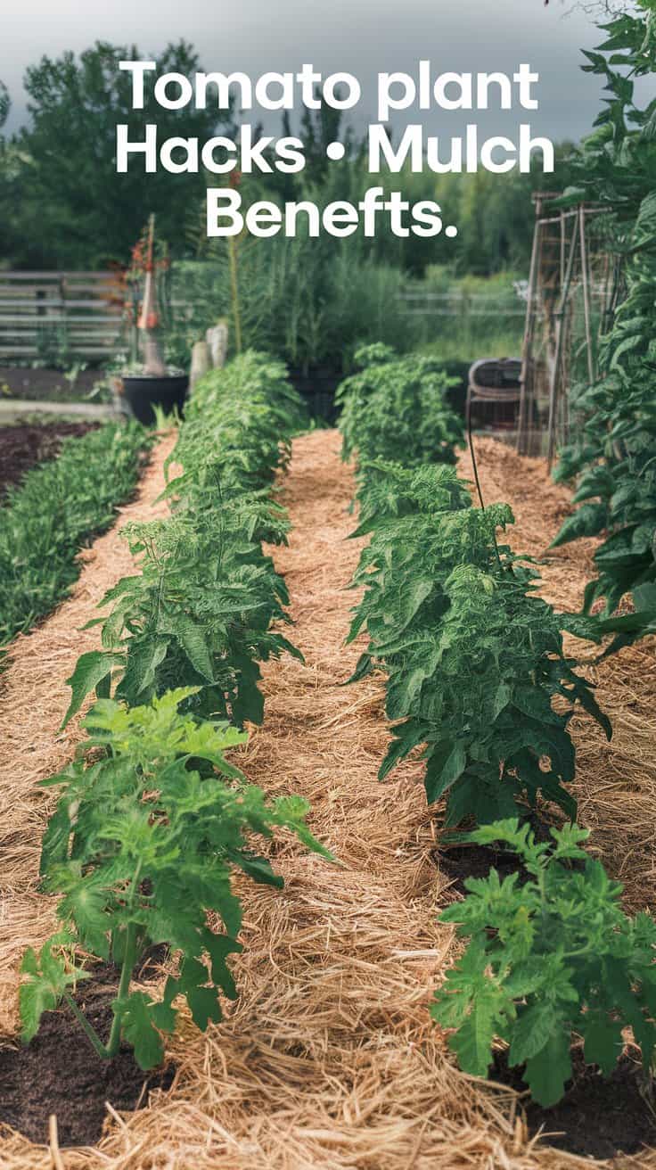 A lush garden with rows of tomato plants mulched with straw. Text overlay reads, Tomato plant Hacks. Mulch Benefits. The background shows trees and garden structures under an overcast sky.