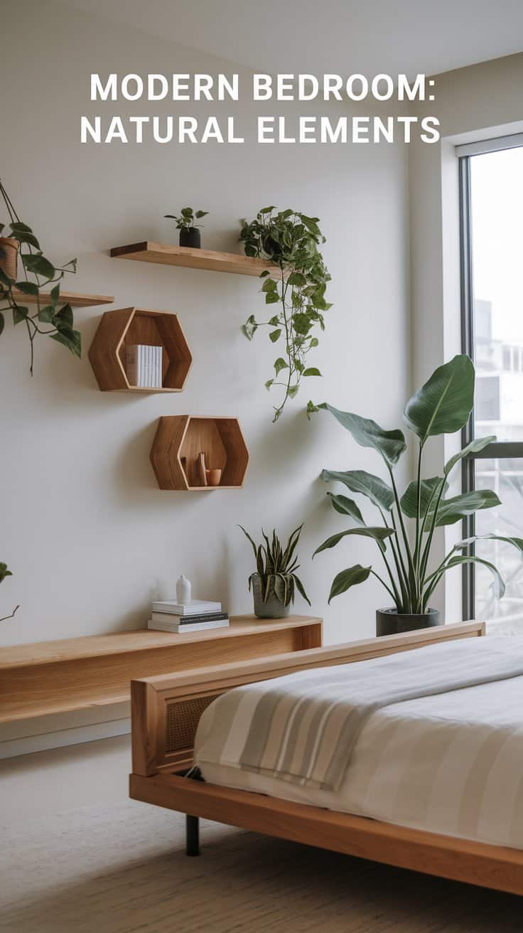 A modern bedroom featuring a wooden bed with striped bedding, hexagonal shelves, and plants. Sunlight shines through a large window, enhancing the rooms natural elements theme. Text on image reads, Modern Bedroom: Natural Elements.