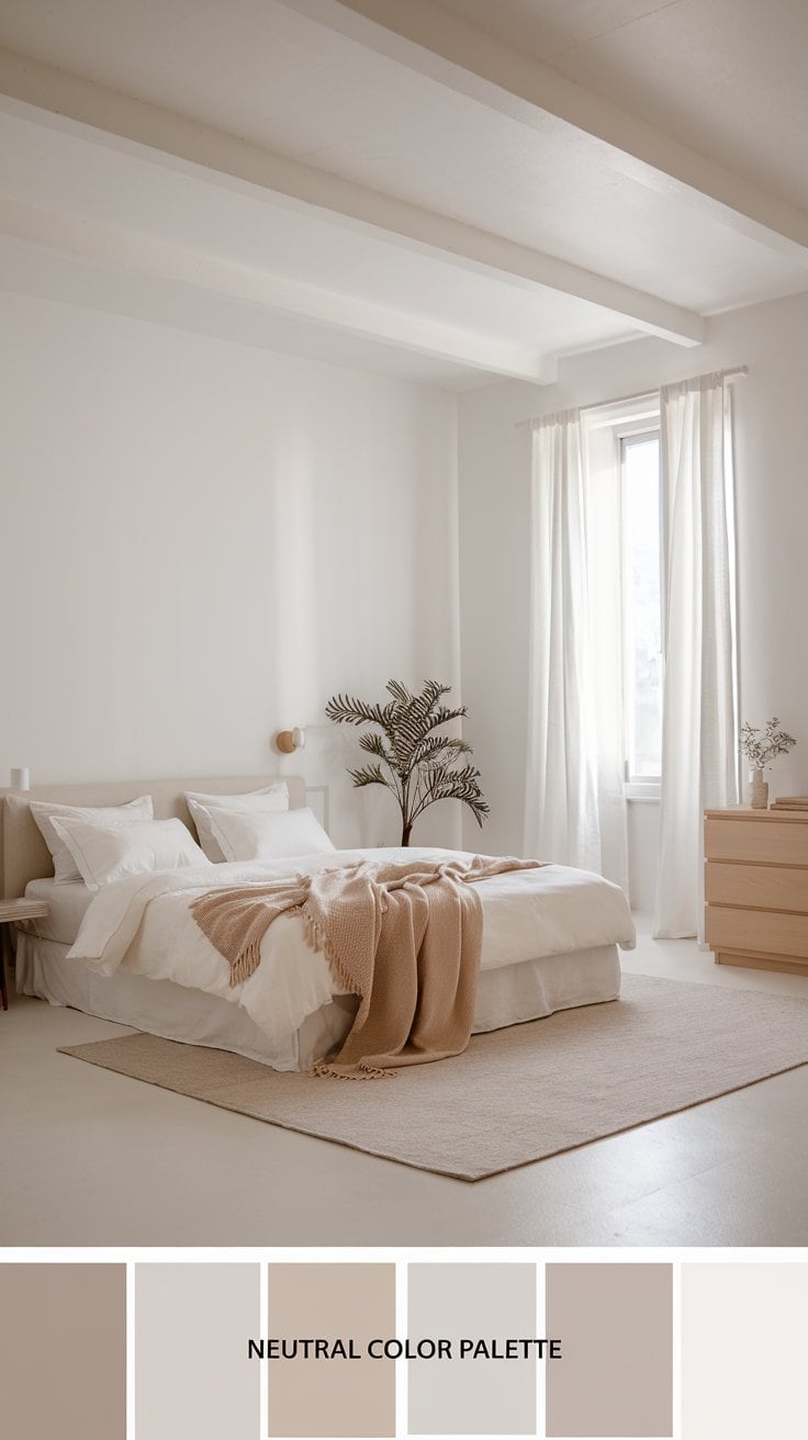 A minimalist bedroom with a neutral color palette. Features a double bed with white and beige bedding, a beige rug, a light wooden dresser, a potted plant, and sheer curtains. Soft lighting fills the room.