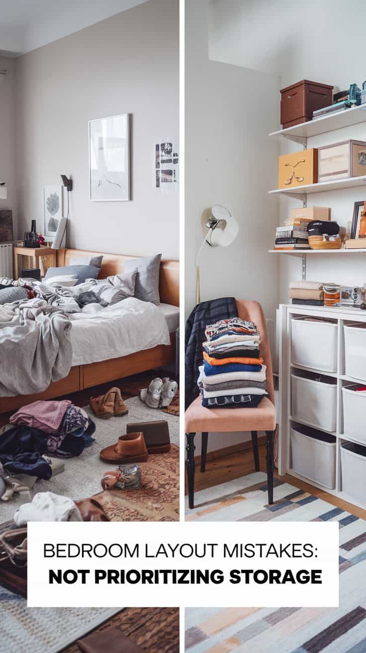 A cluttered bedroom with clothes and shoes on the floor, an unmade bed, and a tidy shelving unit with folded clothes and boxes. Text at the bottom reads, BEDROOM LAYOUT MISTAKES: NOT PRIORITIZING STORAGE.