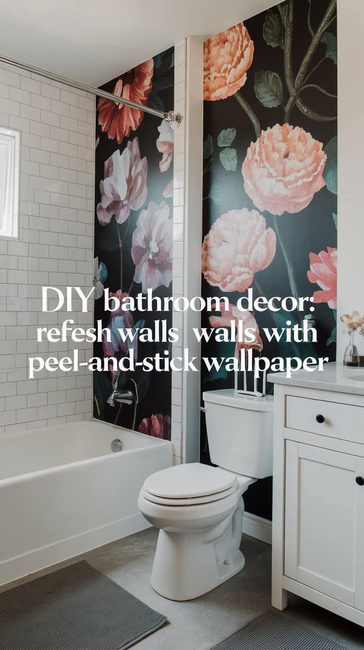 Bathroom with white subway tile, a white vanity, and a toilet. The feature wall has a bold floral peel-and-stick wallpaper in dark tones with large pink and orange flowers. Text overlay reads: DIY bathroom decor: refresh walls with peel-and-stick wallpaper.