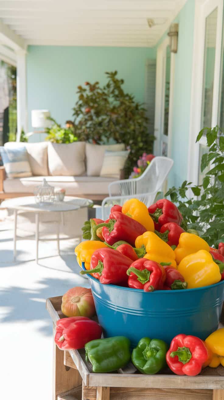 A blue bowl filled with vibrant red, yellow, and green bell peppers sits on a wooden table on a sunlit porch. In the background, there is a cozy seating area with a beige couch, white chairs, and potted plants.